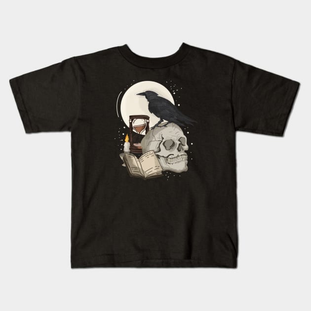 Dark Academia Raven skull Kids T-Shirt by Mitalim